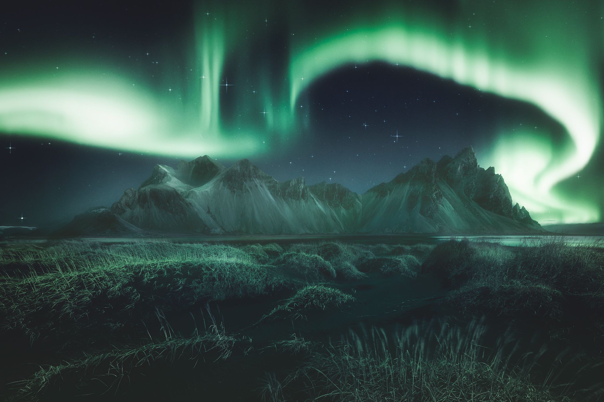 Northern Lights over Vestrahorn Mountain from Stokksnes, Iceland