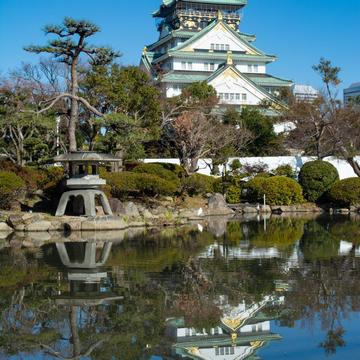 Zen garden shot of Osaka Castle, Japan