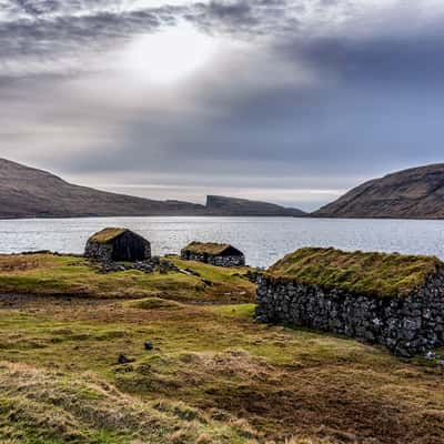 Fishing huts by Lake Sørvágsvatn, Faroe Islands