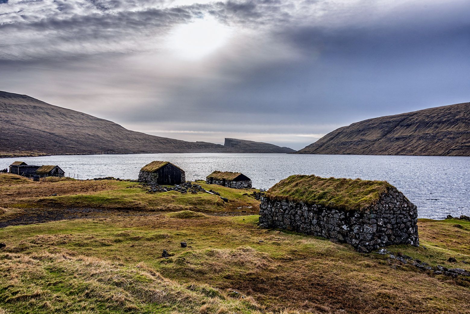 Fishing huts by Lake Sørvágsvatn, Faroe Islands