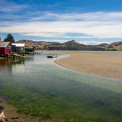 Fishing sheds Papanui Inlet Dunedin South Island, New Zealand