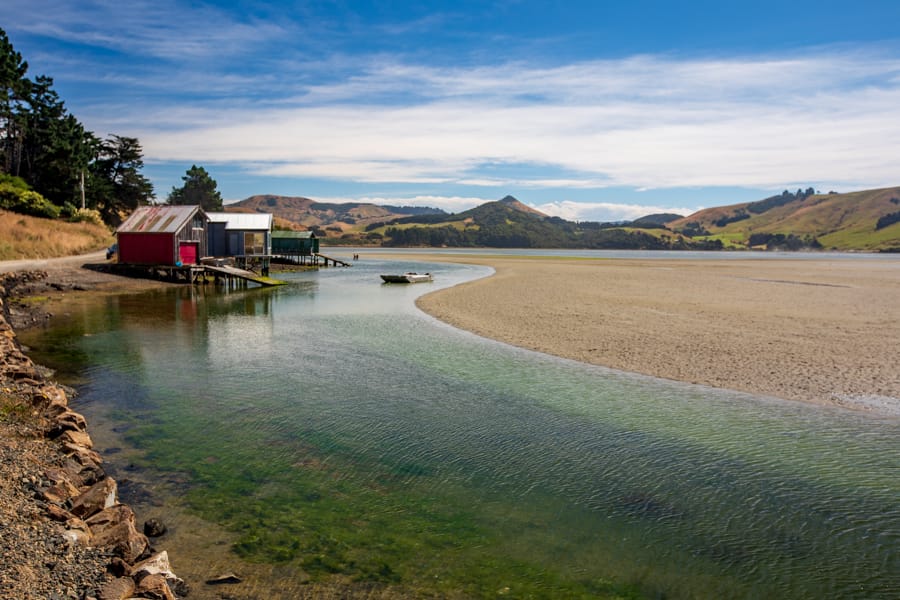 Fishing sheds Papanui Inlet Dunedin South Island, New Zealand
