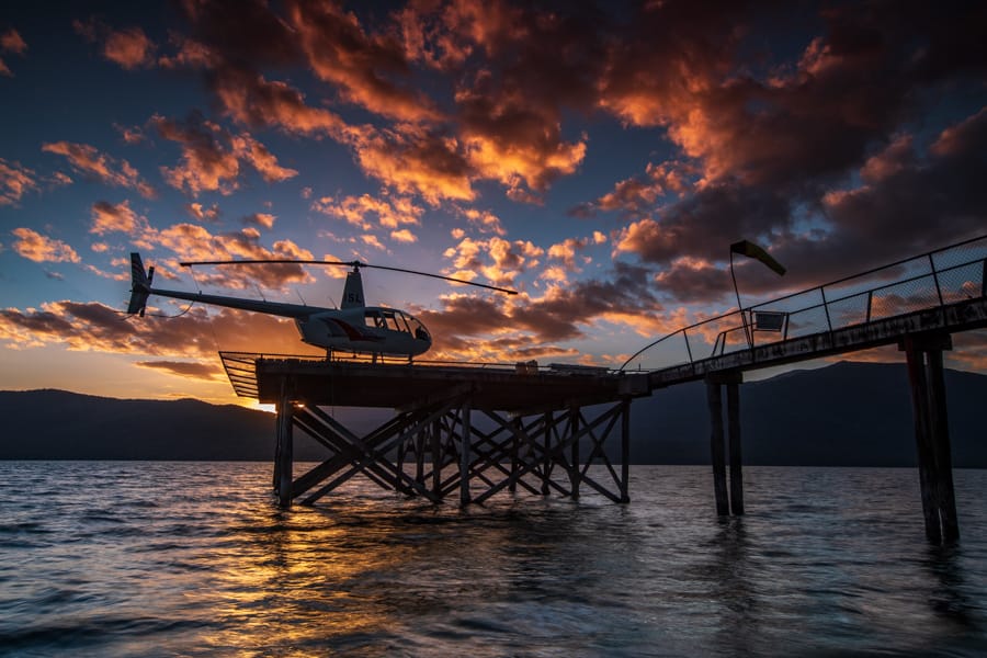 Helicopter Lake Te Anau sunset South Island, New Zealand