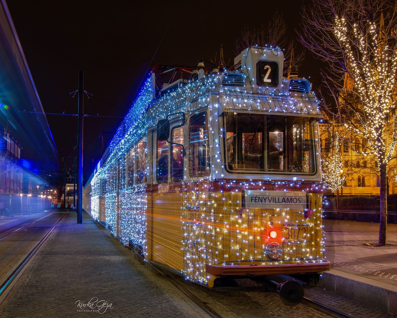 Light tram in budapest at christmas time, Hungary