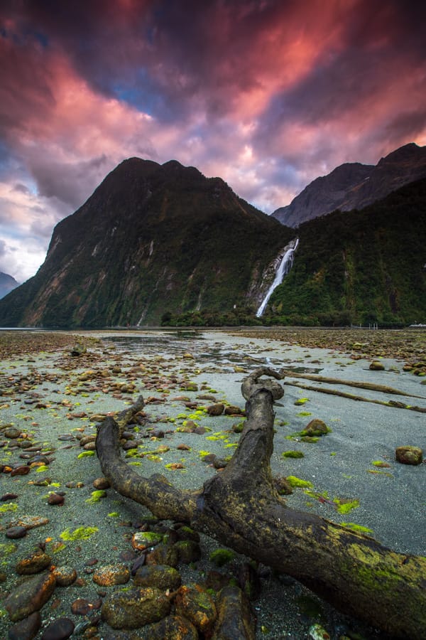 Milford Sound Waterfall sunrise South Island, New Zealand