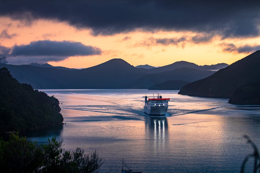 Picton Sunrise with ferry arriving South Island, New Zealand