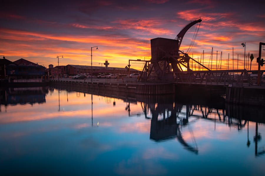 Crane sun rise at Constitution Dock Hobart Tasmania, Australia