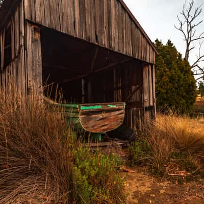 Fishing boat in shed near Cygnet Tasmania, Australia