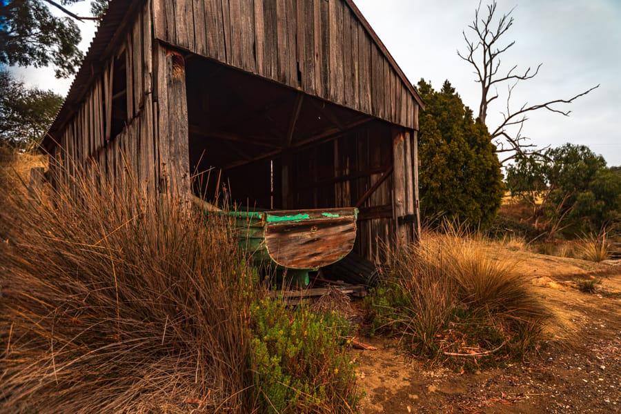 Fishing boat in shed near Cygnet Tasmania, Australia
