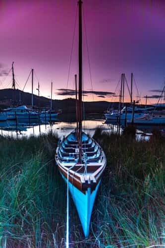 Franklin small sailing boat in long grass Tasmania