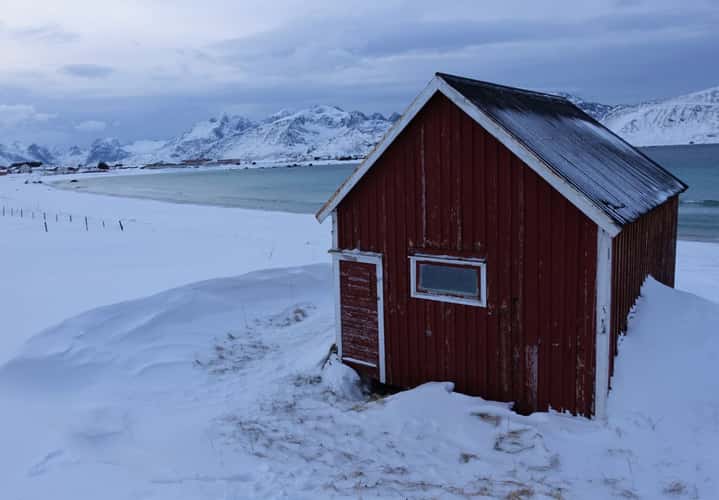 Red hut at Ramberg beach, Lofoten