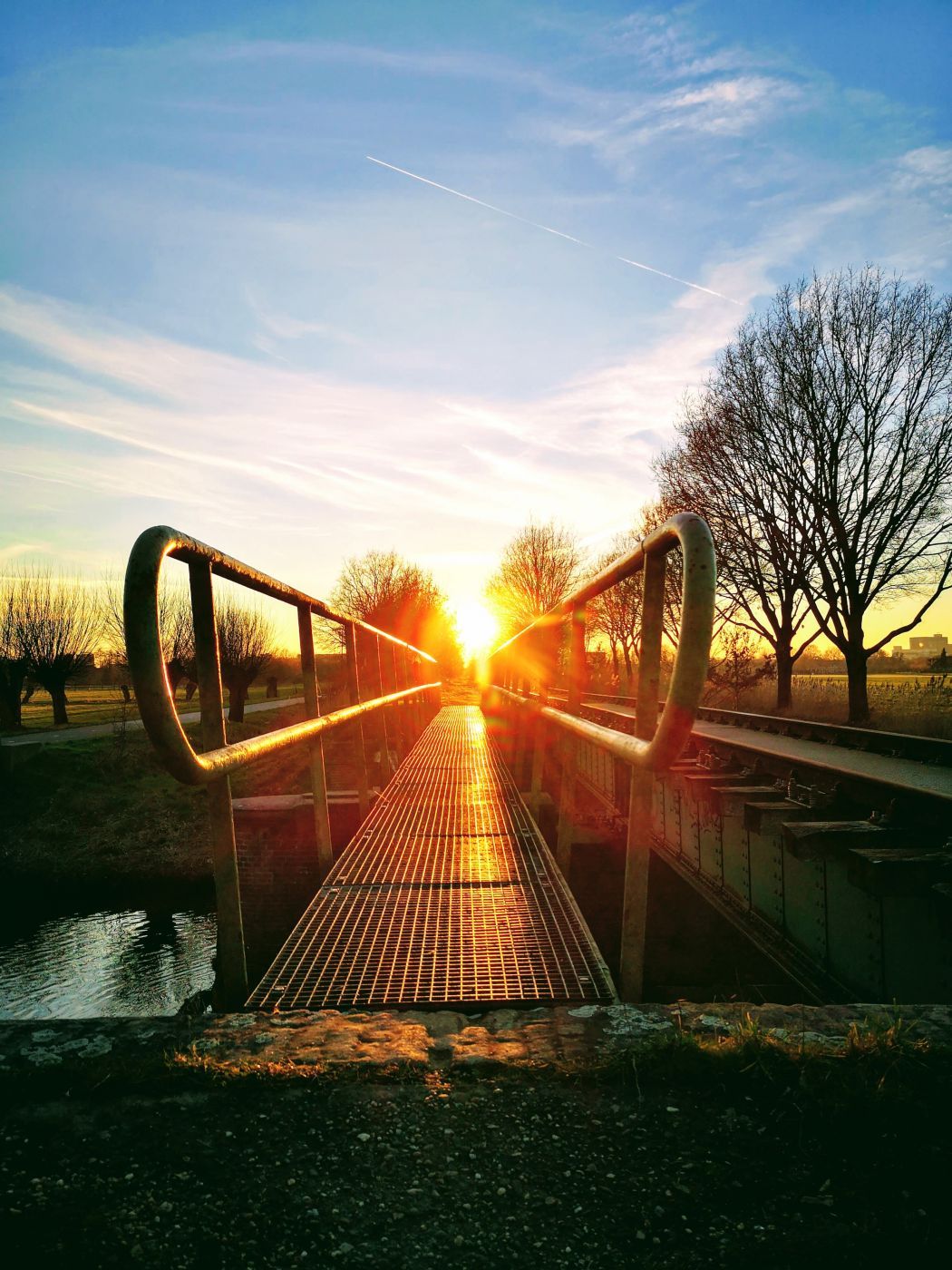Sunset at the old railway bridge, Netherlands