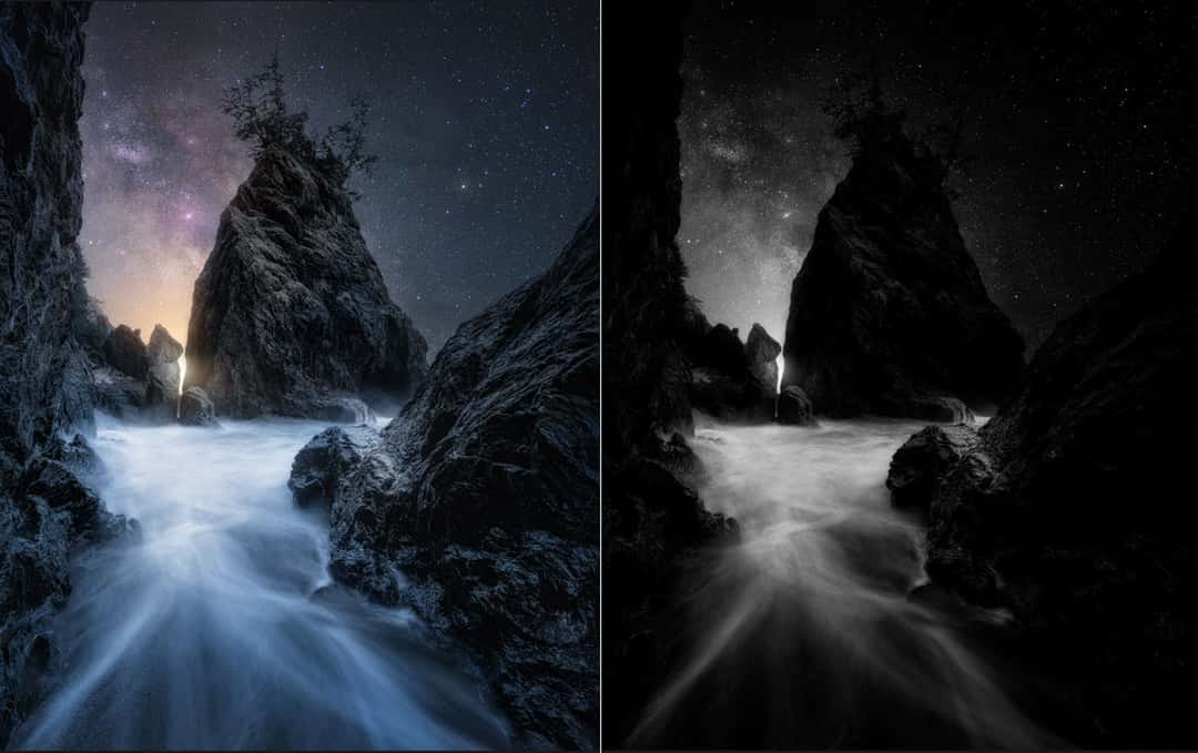 The right image shows what a perfect Luminosity Mask could look like for this photo. The bright parts within the right image are also the parts of the image we want to highlight. Therefore, this can be used as a perfect Dodge & Burn layer to increase the contrast and focus of the image.