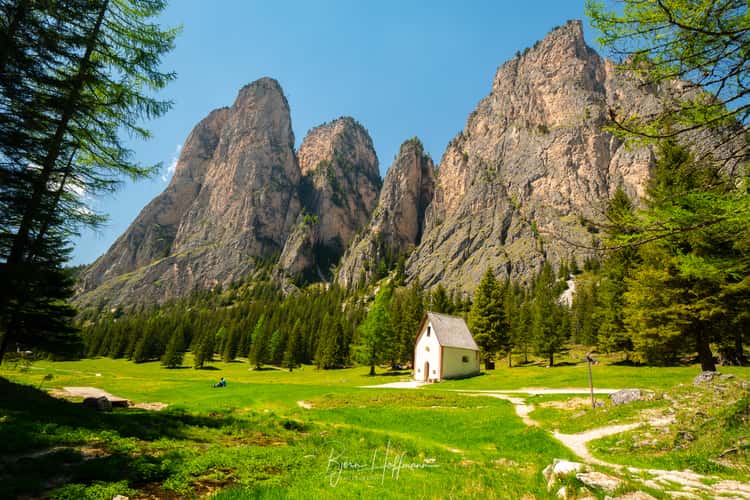 Chapel and waterfalls in Langental, Wolkenstein