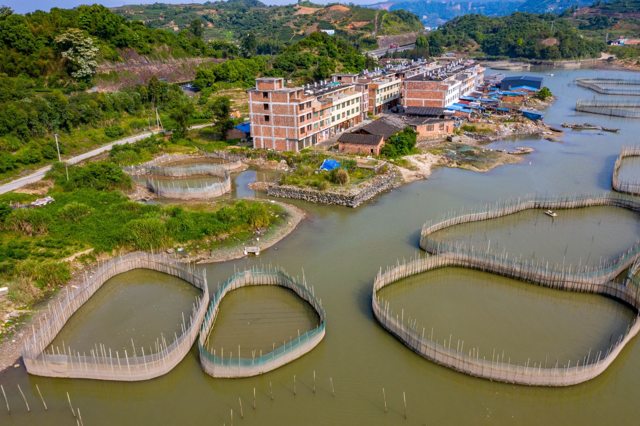 Fish farming and village Drone Xiapu, China