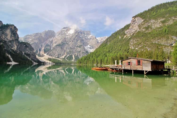 Wooden house on Lago Braies in Dolomites