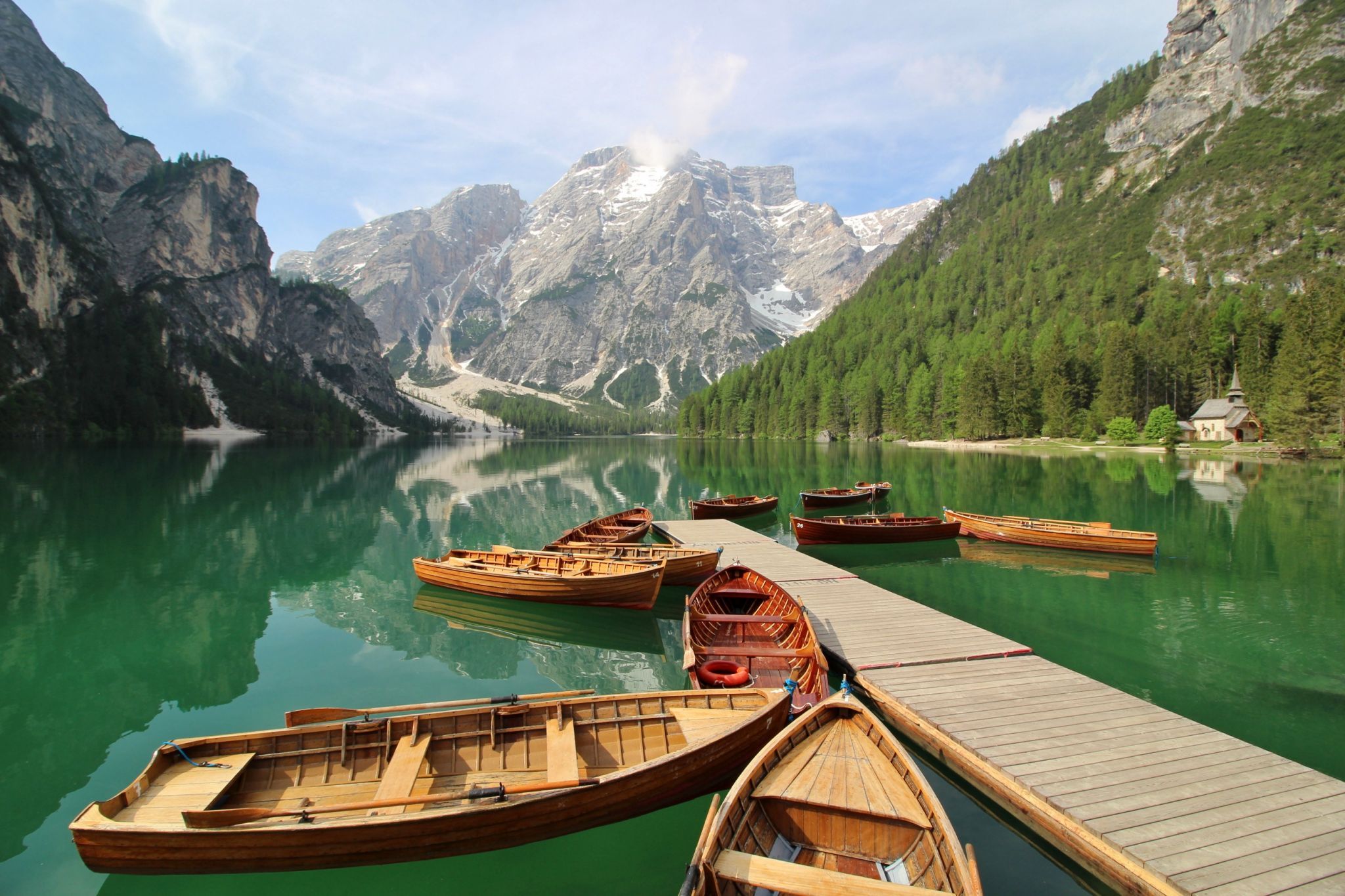 View from the Pier at Lago di Braies Prager Wildsee, Dolomites, Italy