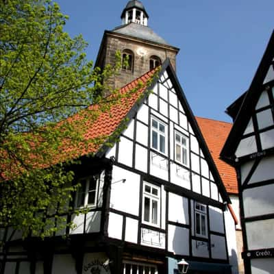 Traufenhaus und ev. Kirche in Tecklenburg, Germany