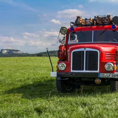 Koenigstein Fortress and historic fire truck, Germany