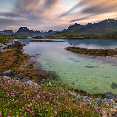 Selfjorden and the summits of Moskenesøy, Lofoten, Norway