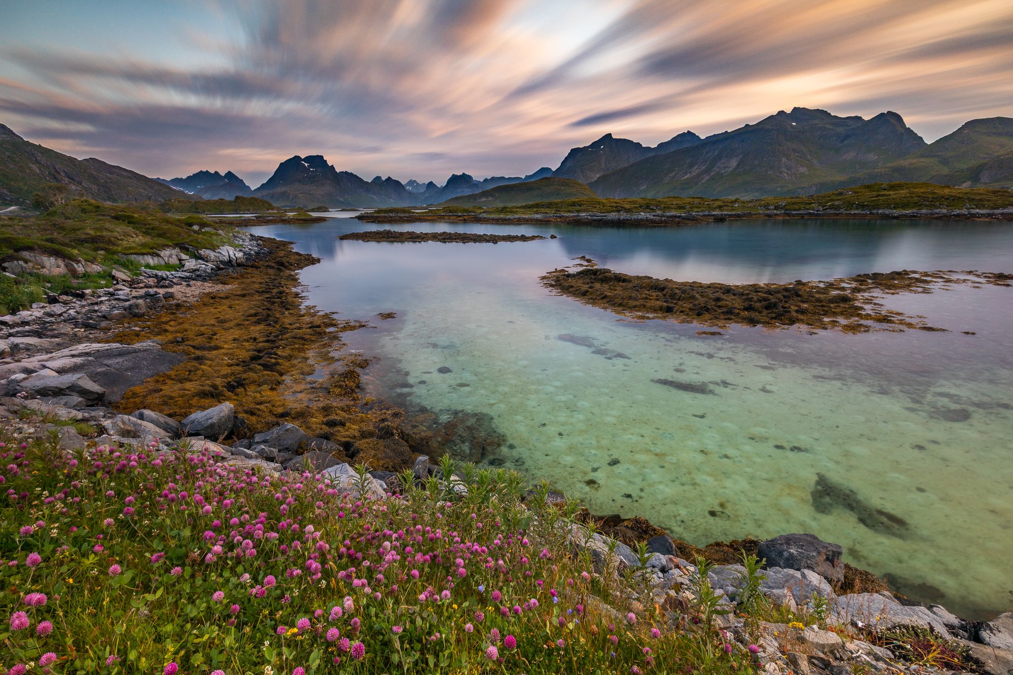 Selfjorden and the summits of Moskenesøy, Lofoten, Norway