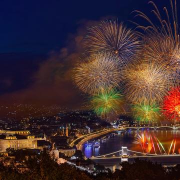 St. Stephen day in Budapest. Fireworks with night cityscape, Hungary