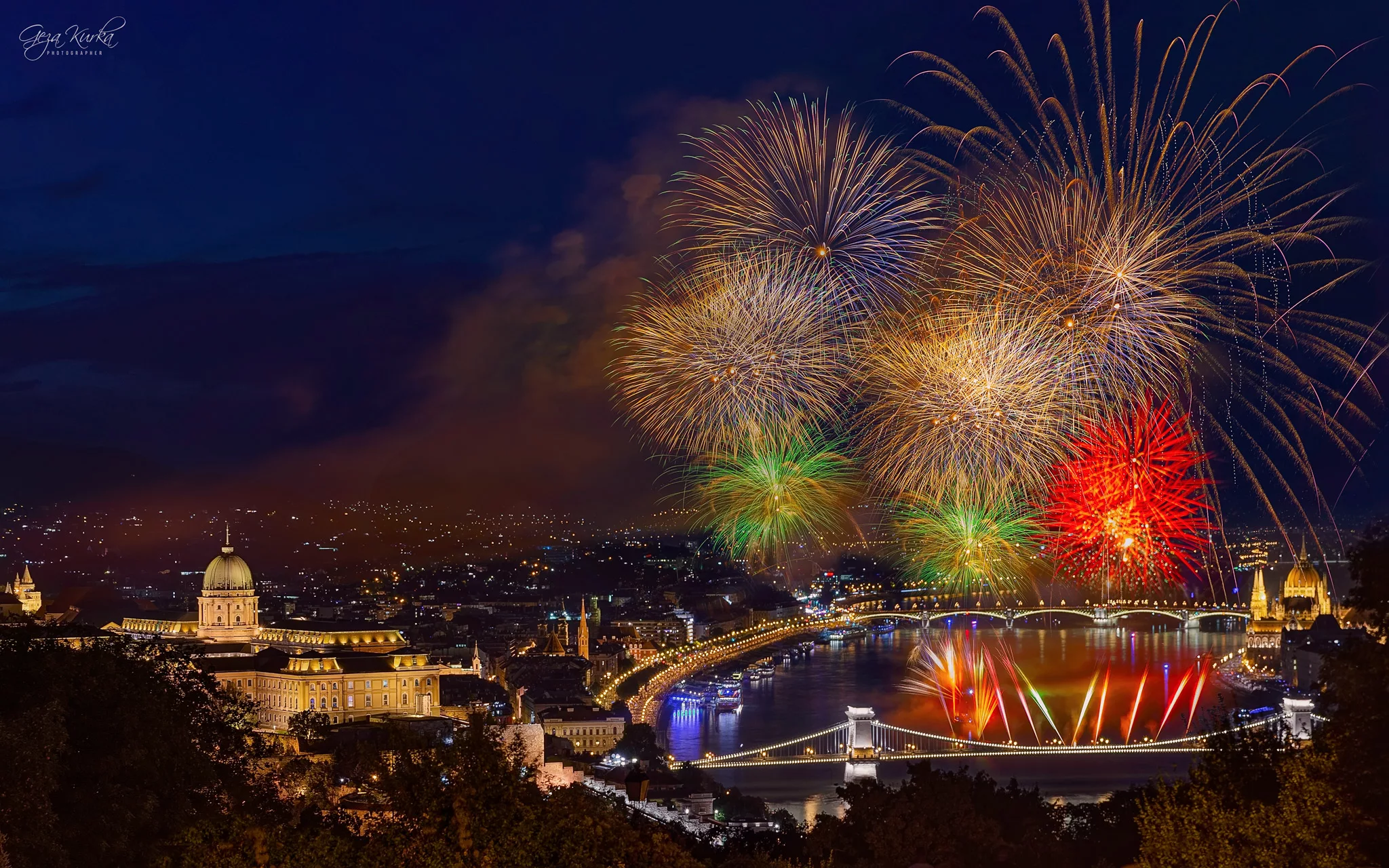 St. Stephen day in Budapest. Fireworks with night cityscape, Hungary