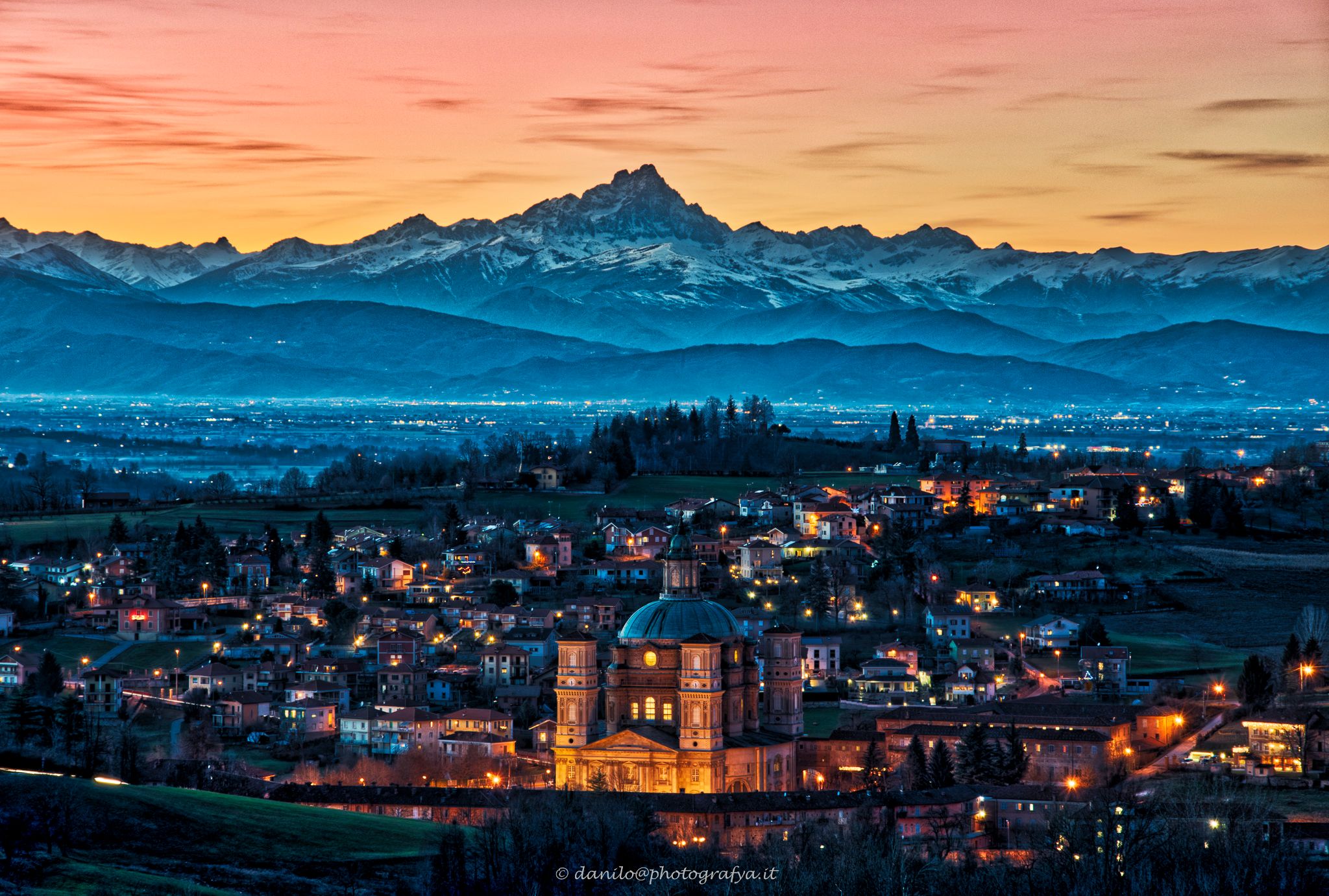 Vicoforte's Sanctuary and the Monviso, Italy