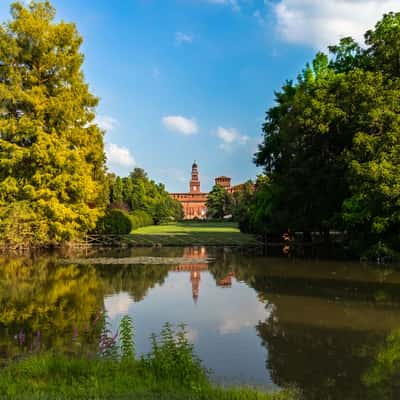 View from the Parco Sempione towards the Sforzesco Castle, Italy