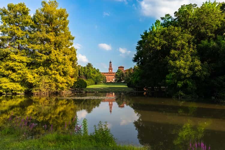 View from the Parco Sempione towards the Sforzesco Castle