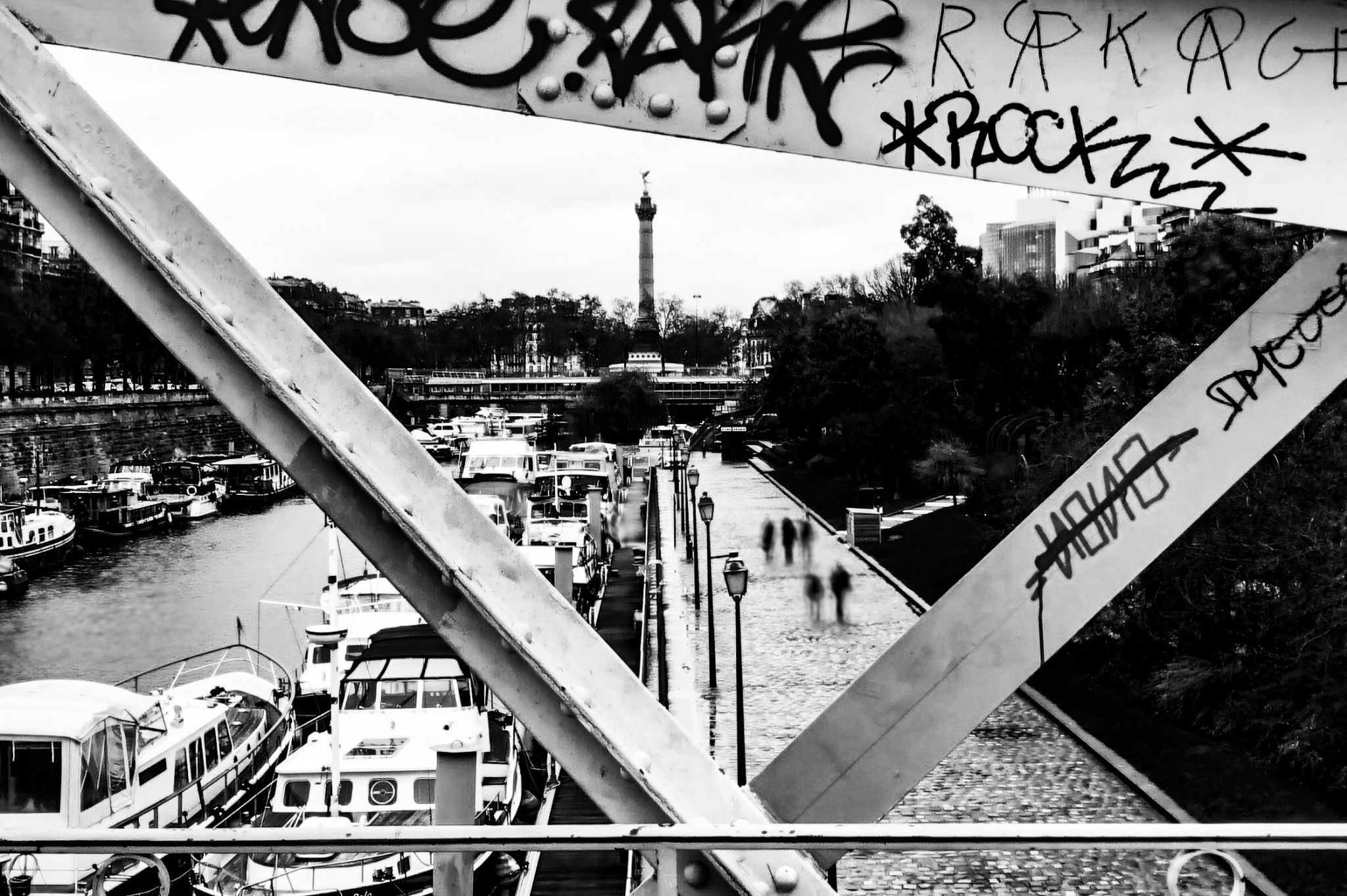 View of Place de la Bastille from a bridge, France