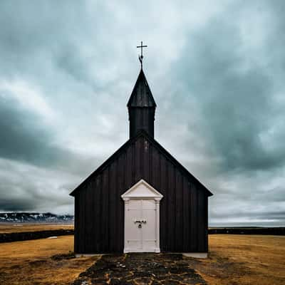 Budakirkja Black Church from the front, Snaefellsnes Peninsula, Iceland