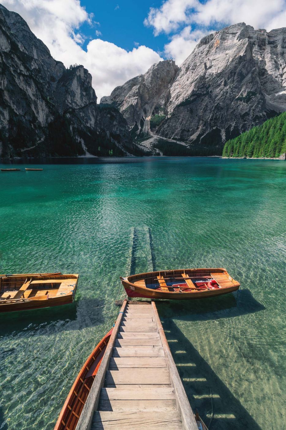 View from the Pier at Lago di Braies Prager Wildsee, Dolomites, Italy