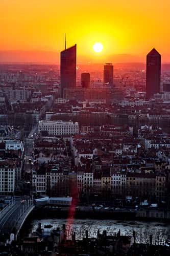 Panoramic view on Lyon's Presqu'ile from the Fourviere hill