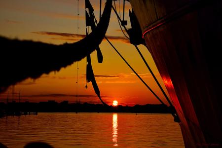 Sunset in Rostock city Habour