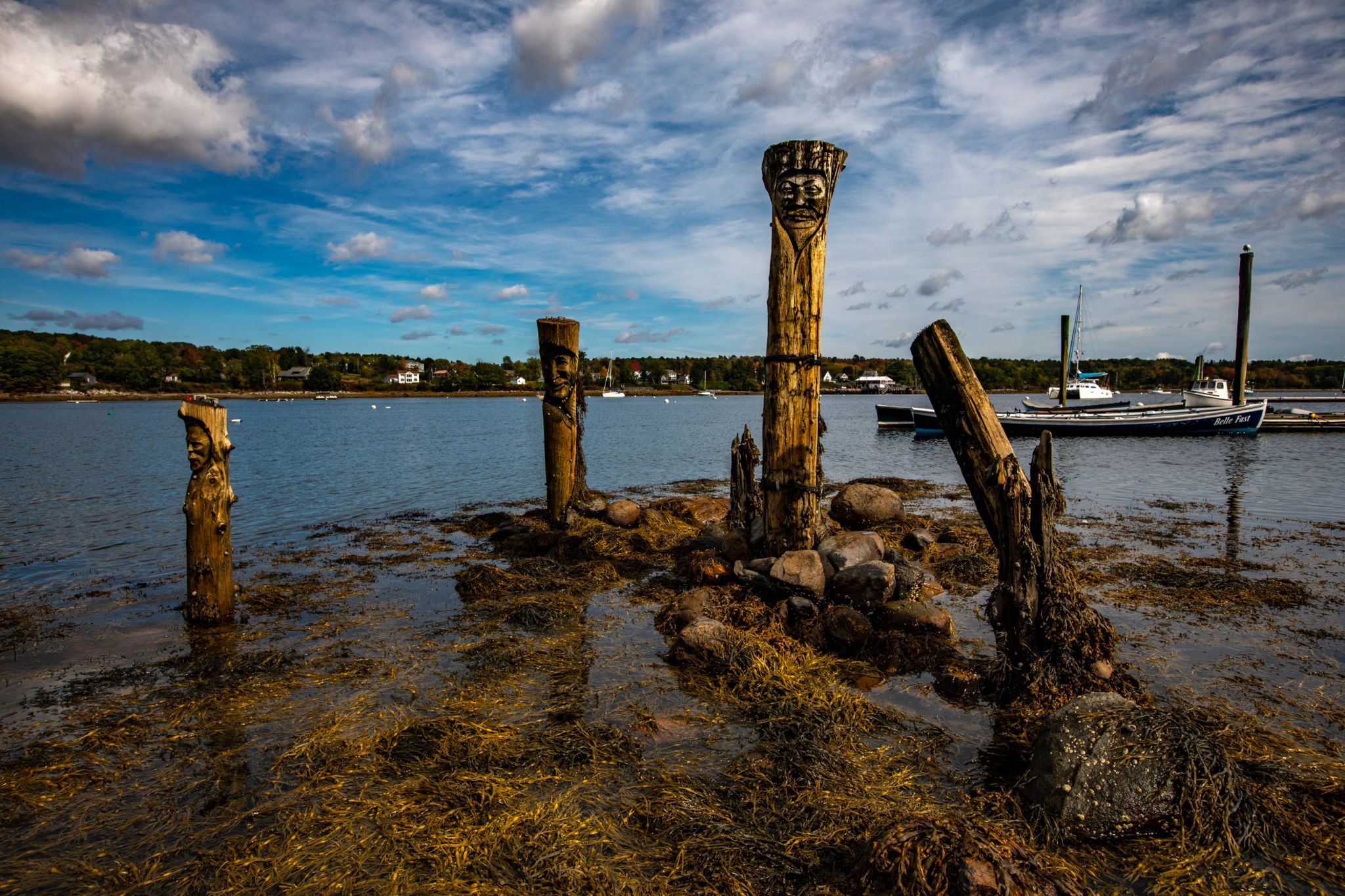 Carved Poles in the Harbour, Belfast, Maine, USA