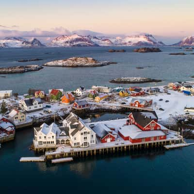 Henningsvær colored houses aerial, Norway