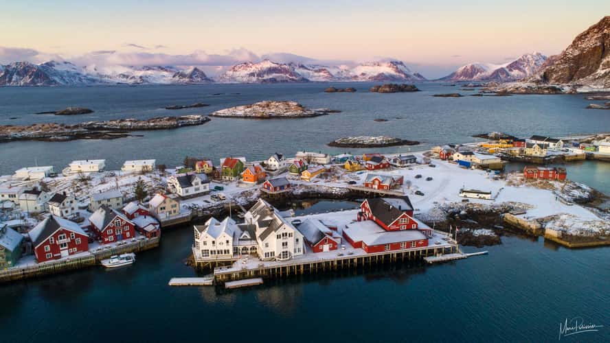 Henningsvær colored houses aerial