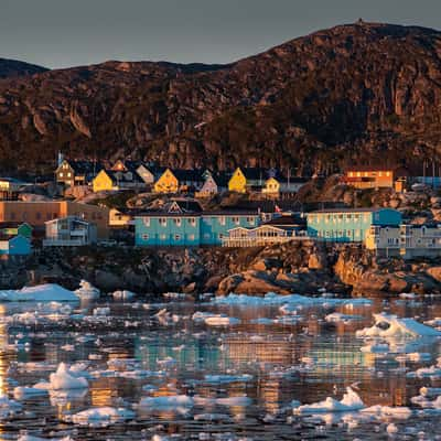 Ilulissat at sunrise from Disko bay, Greenland