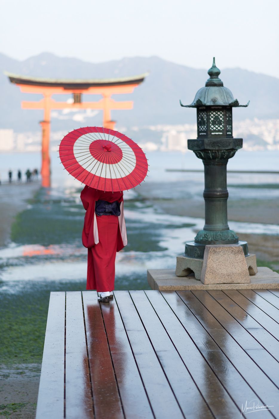 Itsukushima temple and Toriii Gate aerial, Japan