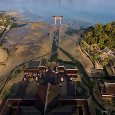 Itsukushima temple and Toriii Gate aerial, Japan