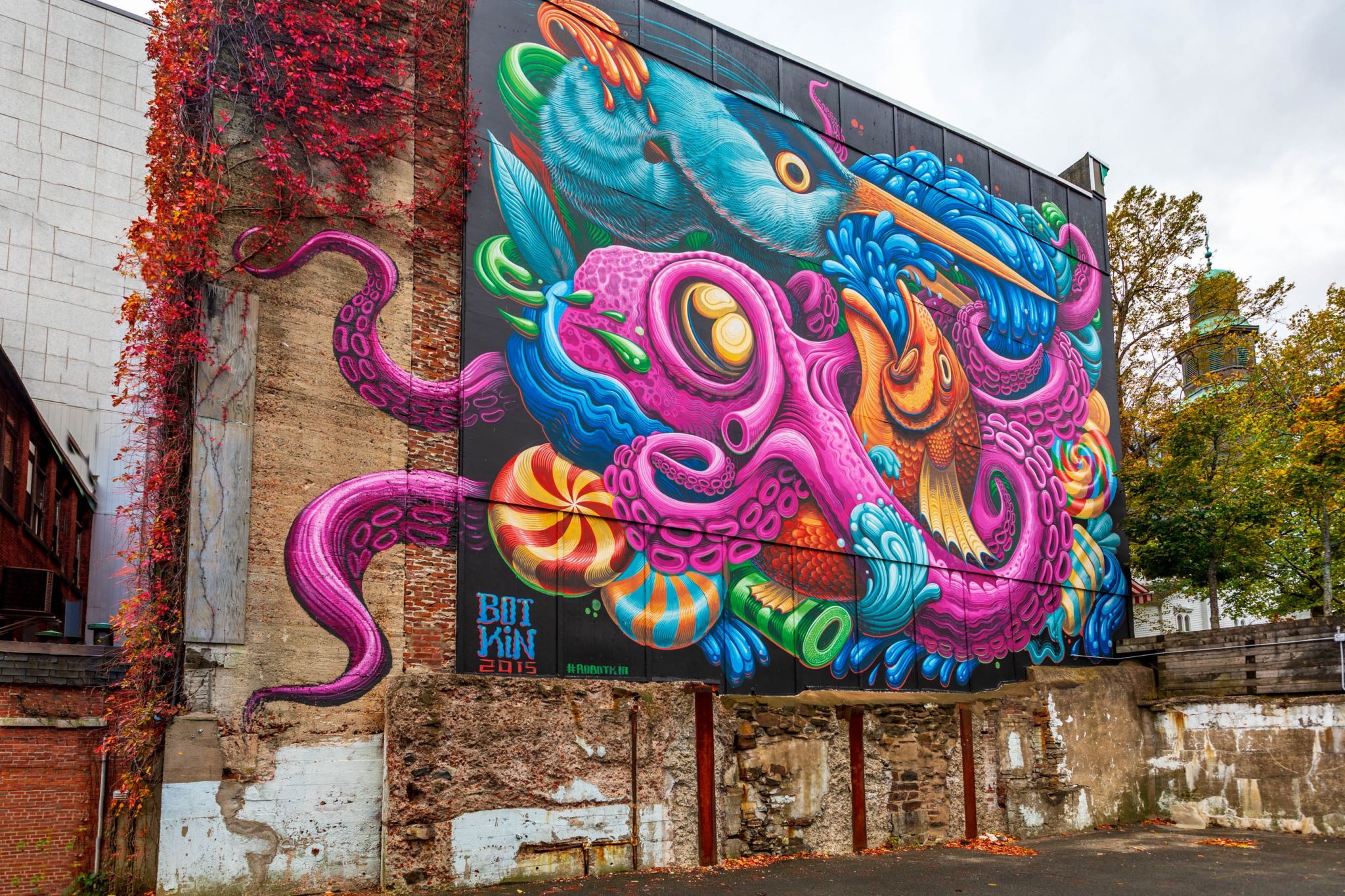 Mural Blue Heron wrestling with a fish, Halifax, Nova Scotia, Canada