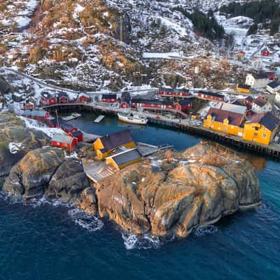 Nusfjord fishing village aerial, Norway