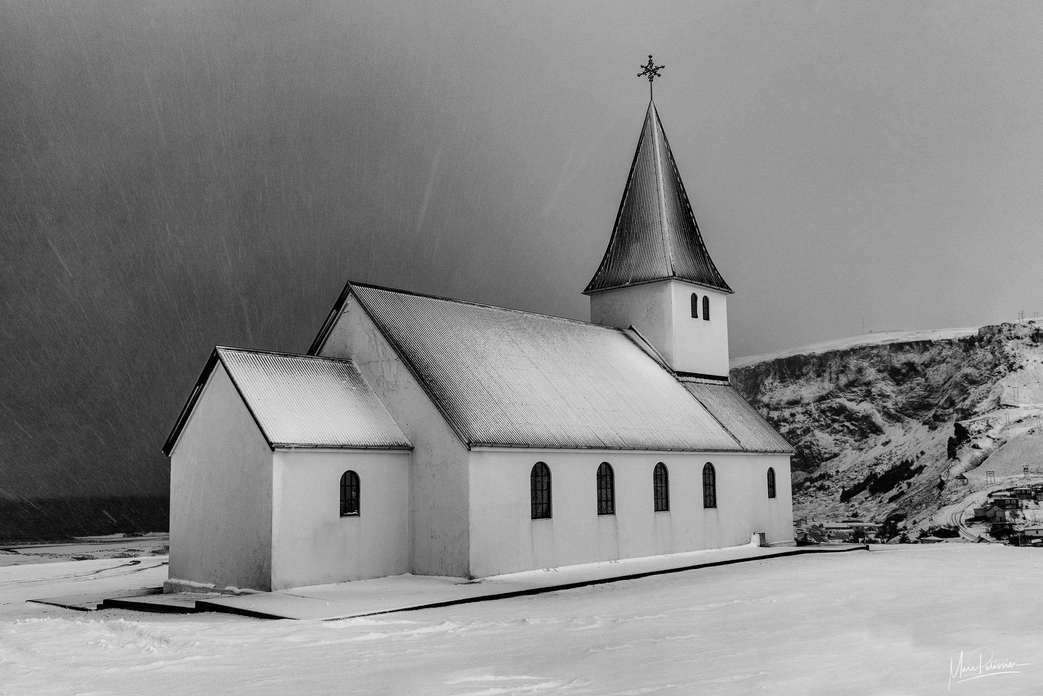 Vik Church with peaks in background, Iceland