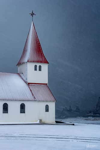 Vik Church with peaks in background