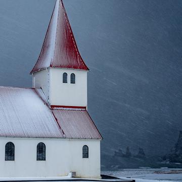 Vik Church with peaks in background, Iceland