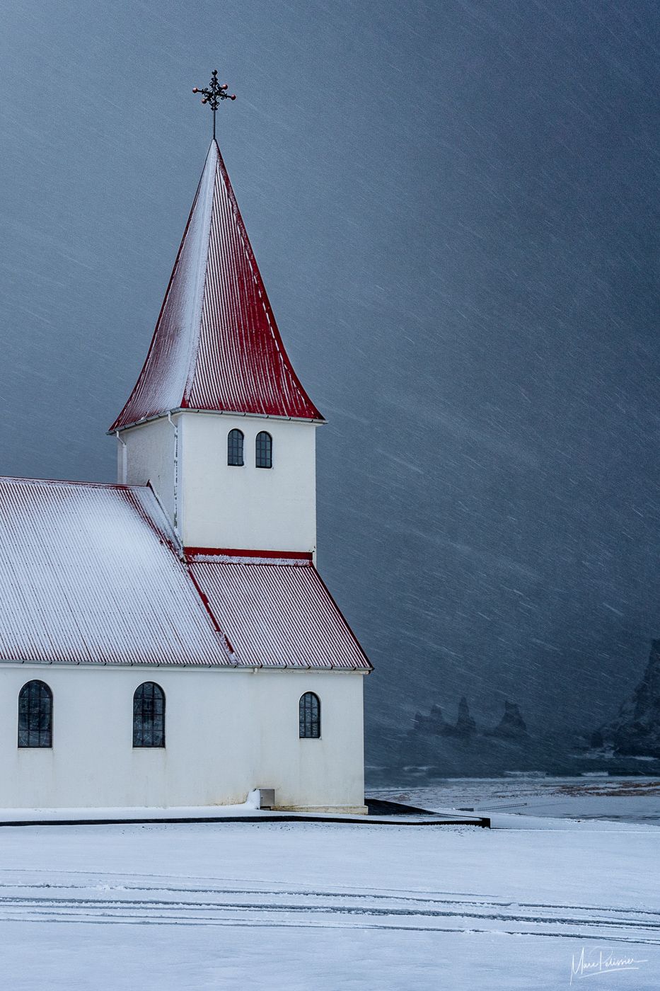 Vik Church with peaks in background, Iceland