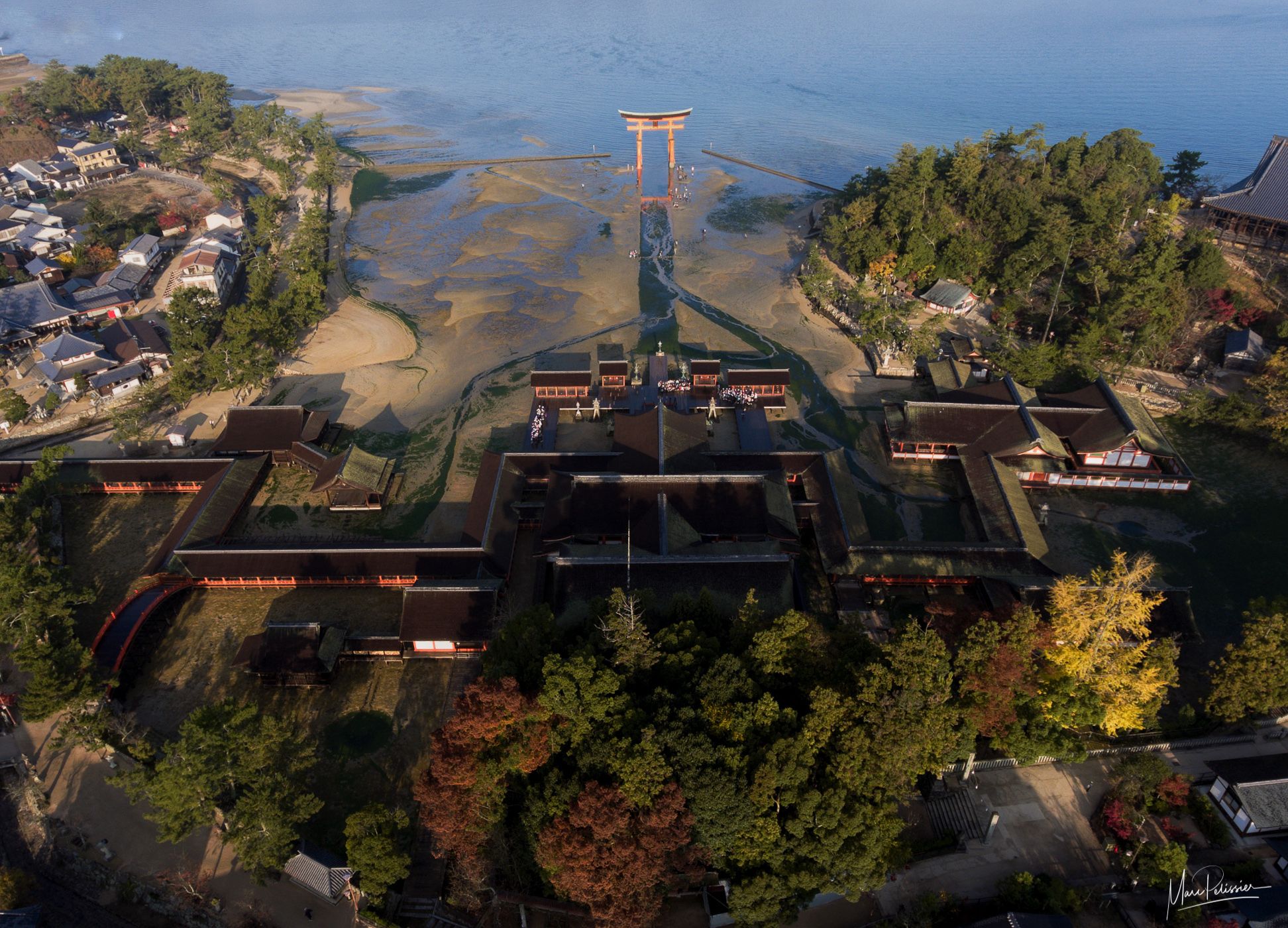 Itsukushima temple and Toriii Gate aerial, Japan