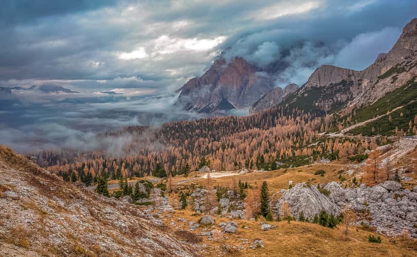 Passo falzarego view of village from the top Dolomites
