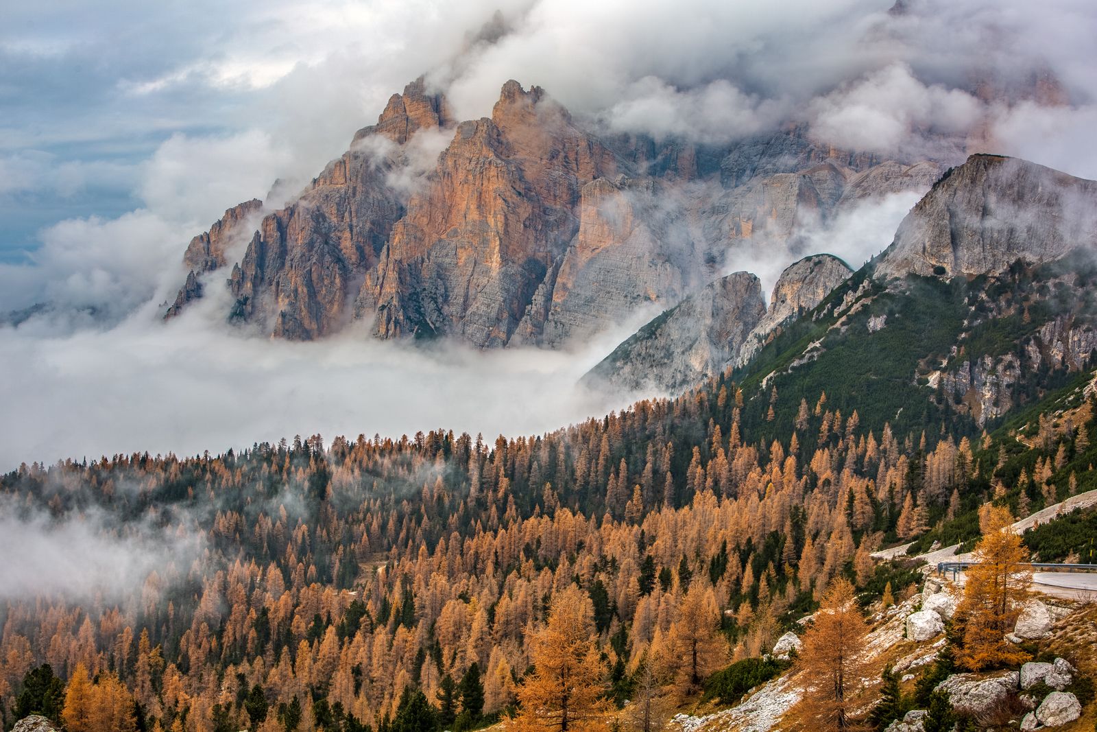 Passo falzarego view of village from the top Dolomites, Italy